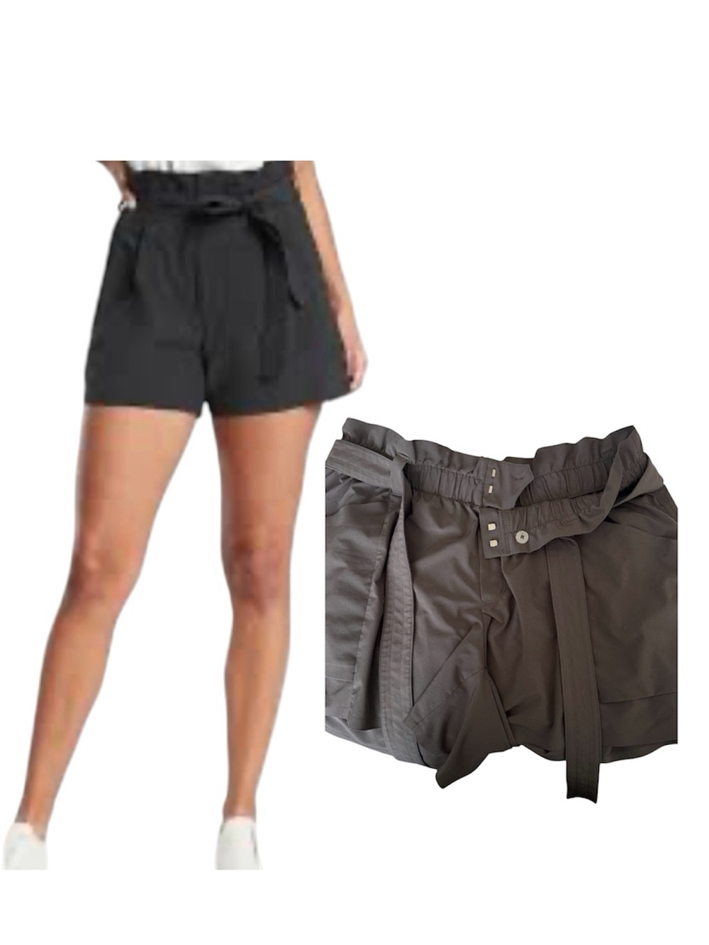 Athleta High-Waist Olive Green Paperbag Shorts with Self Tie, Size 12.